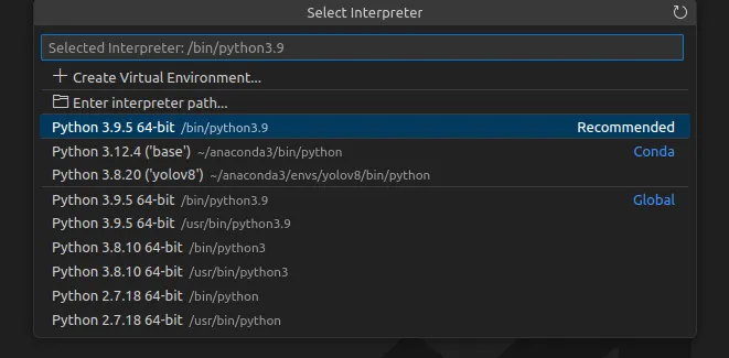 VS Code Select Interpreter dialog with the yolov8 environment selected